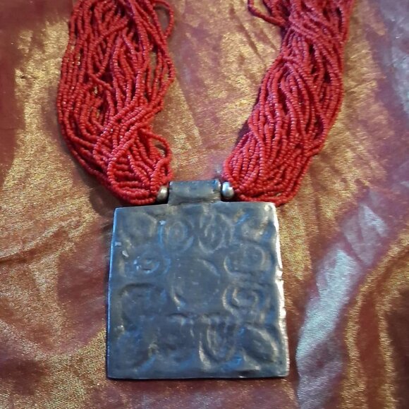 Vtg Tribal Multi Strand Seed Bead Necklace with Large Silver Pendant - Defective - Picture 2 of 5